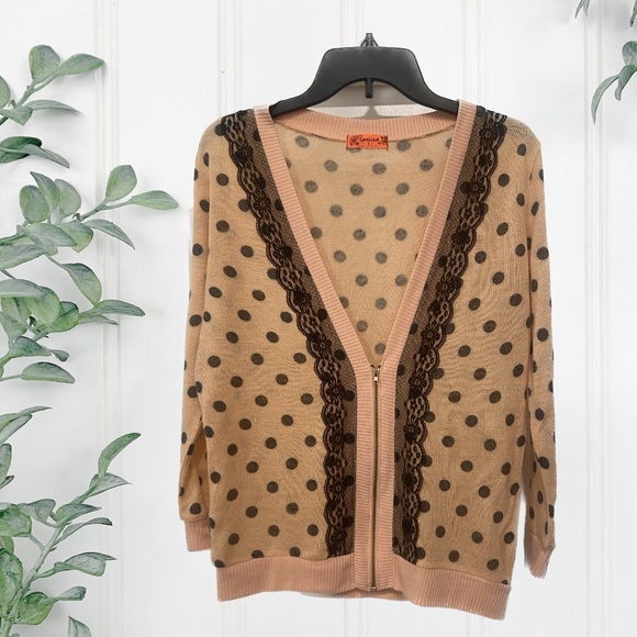 Retro-Inspired Pink & Black Polka Dot Lace Sweater Large - Picture 2 of 7